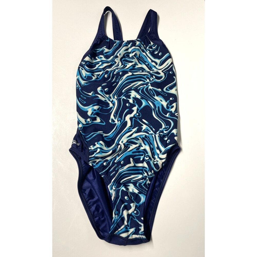 Speedo Vintage 80s 90s Blue Wave Graphic Pattern 12 / 38 One Piece Swimsuit